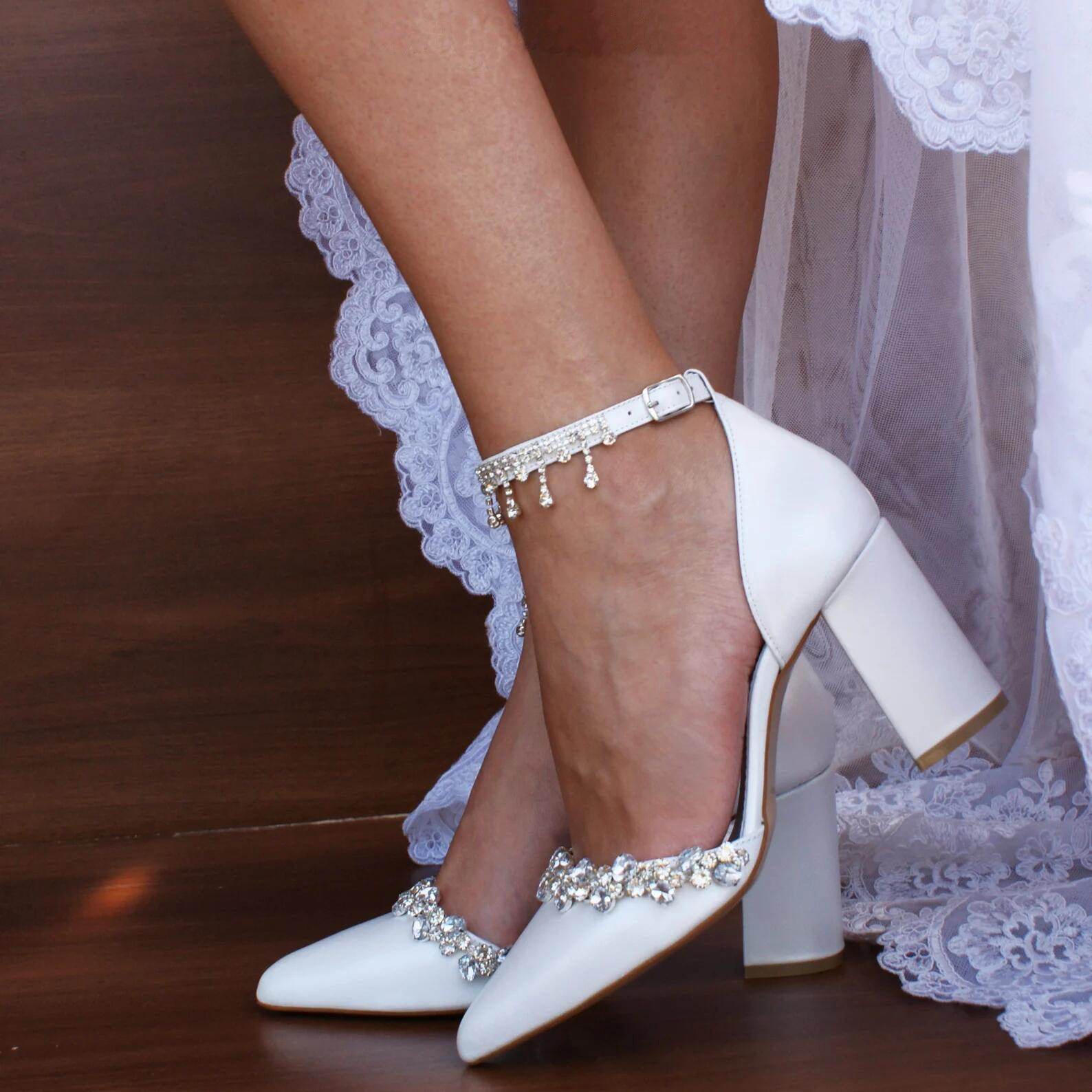 White Rhinestone Ankle Strap Pointy Block Heels 709534419682 - COCOMELODY